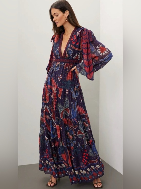 FARM Rio Dresses & Skirts - Farm Rio Tropical Shine Maxi Dress Blue & Red Print long Sleeve Boho Size Medium